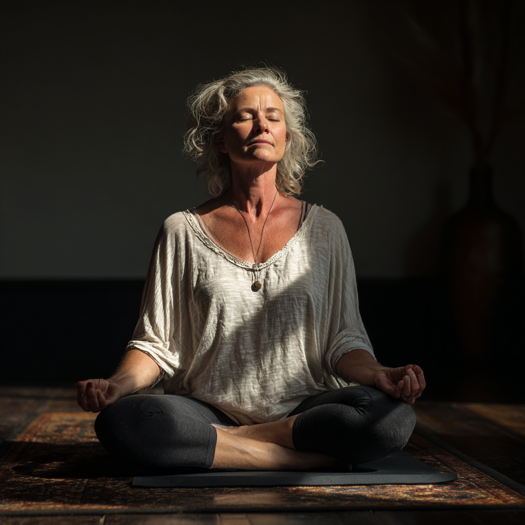 Жінка 55 років в позі лотоса медитує на килимку для йоги, оточена м'якким світлом