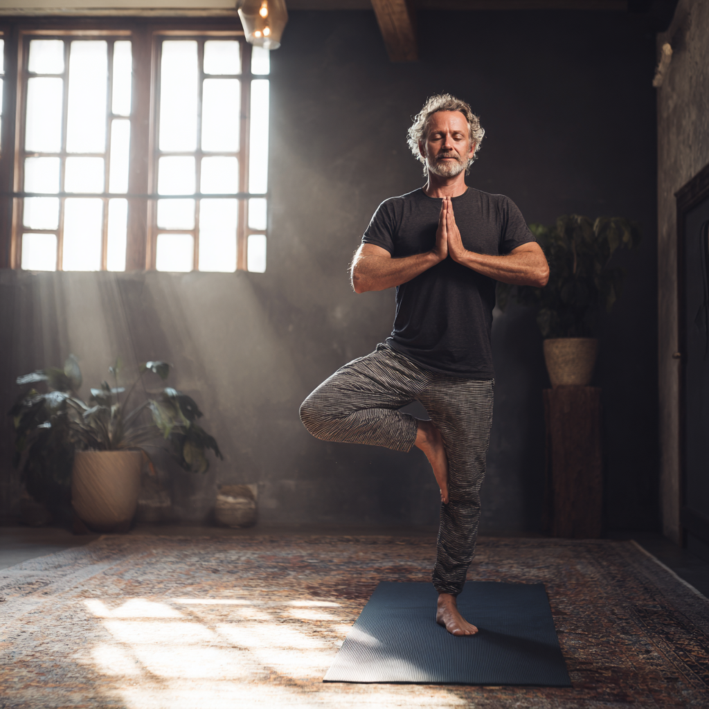 Чоловік 58 років виконує позу дерева на йога-килимку в затишній студії з природним освітленням