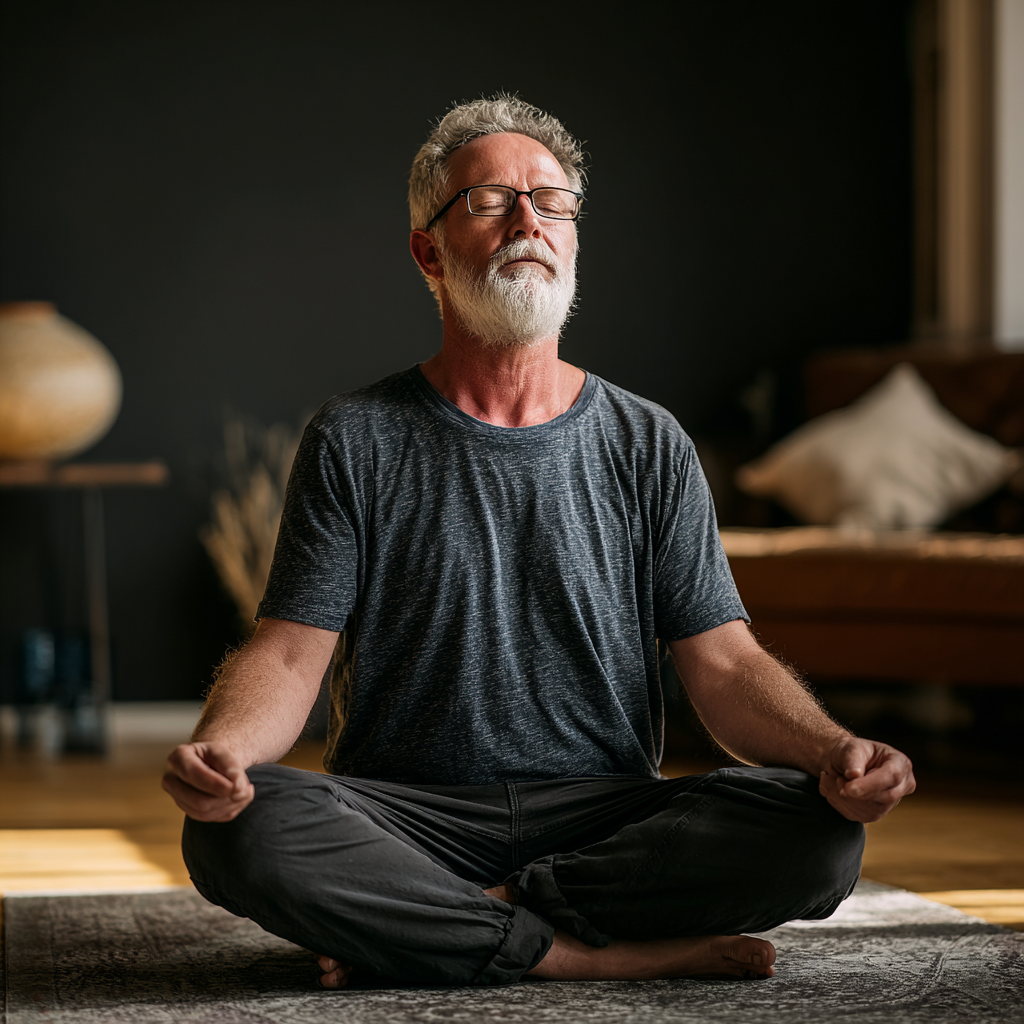 Чоловік 60 років сидить в позі лотоса з закритими очима, практикуючи дихальні вправи в тихій кімнаті