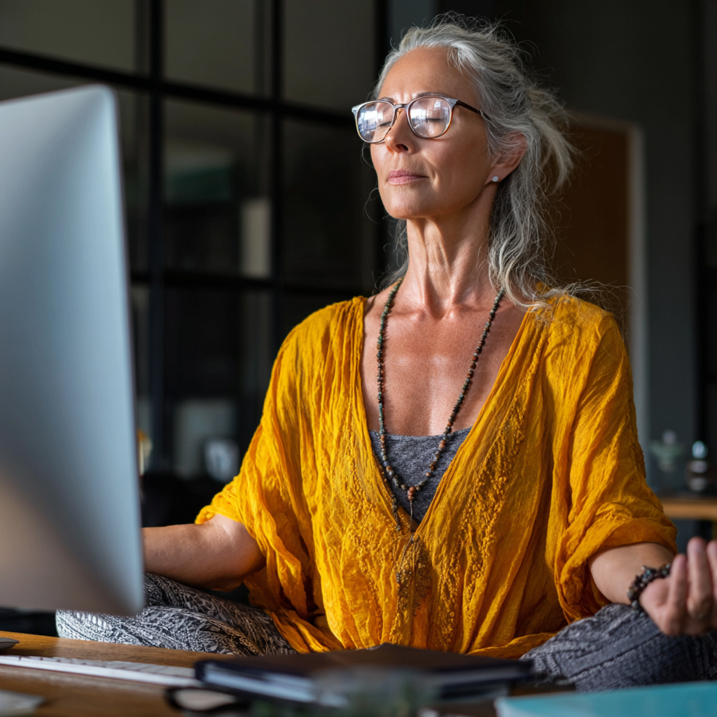 Жінка 52 років практикує йогу вдома перед екраном комп'ютера, слідуючи онлайн-уроку